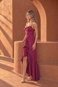 Zalia Ruffled Front Gown — Wine