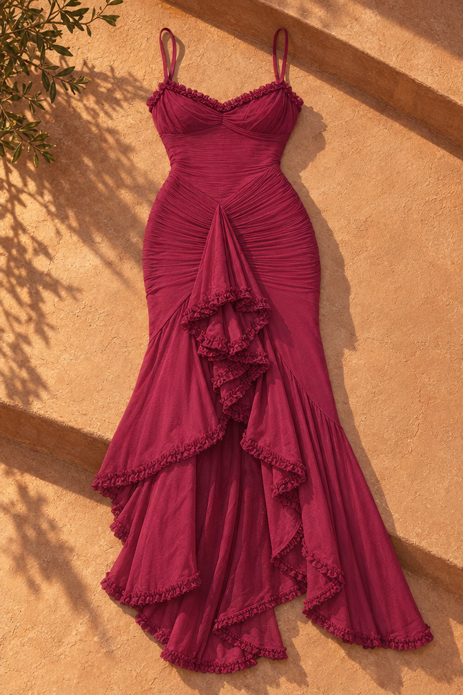 Zalia Ruffled Front Gown — Wine