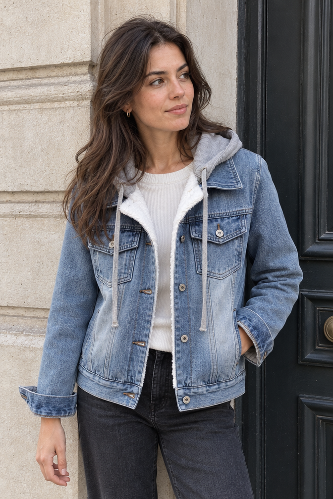 Carmen Sherpa-Lined Denim Jacket — Light Blue