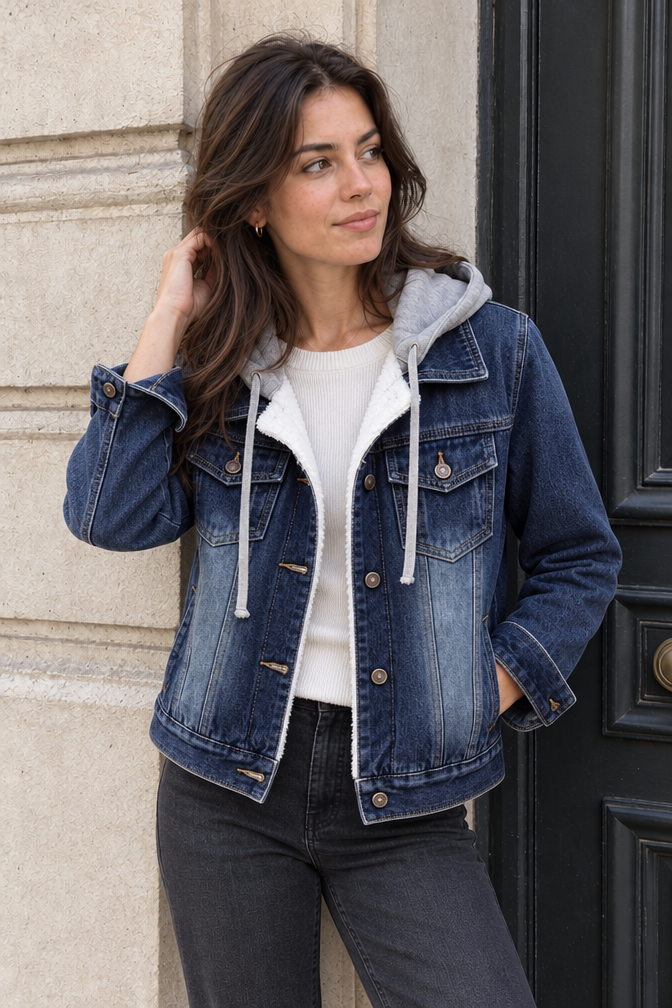 Carmen Sherpa-Lined Denim Jacket — Dark Blue