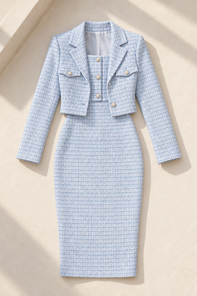 Tweed Midi Dress and Cropped Blazer Set — Light Blue