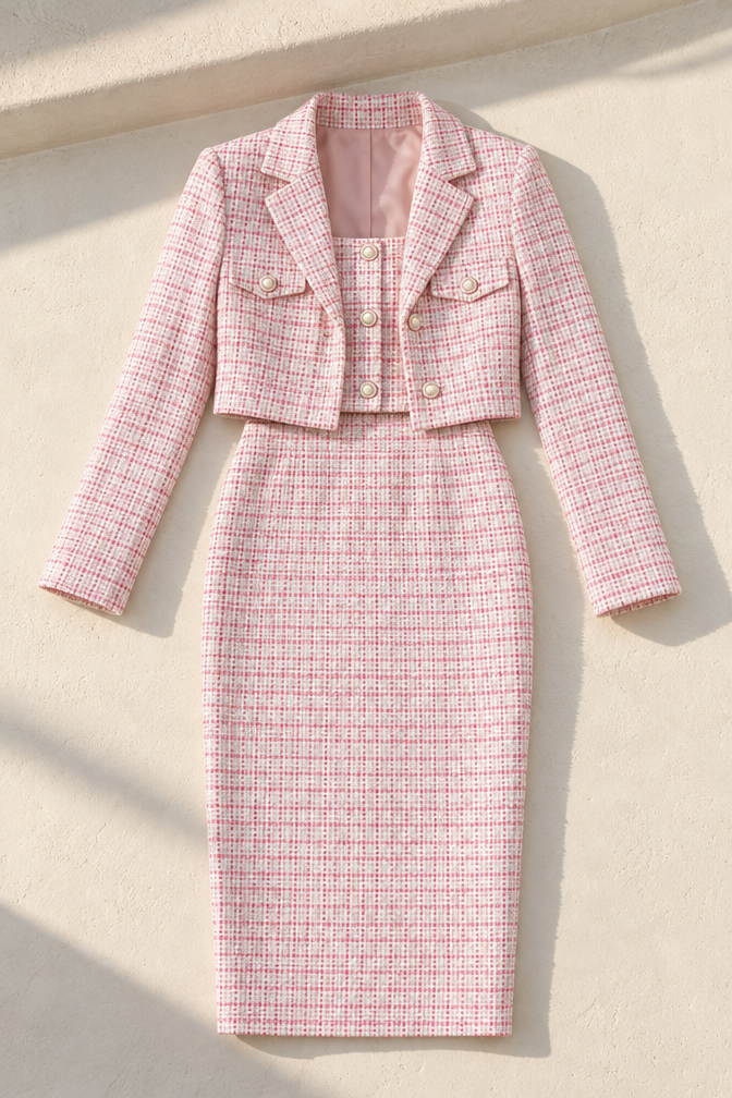 Tweed Midi Dress and Cropped Blazer Set — Pink