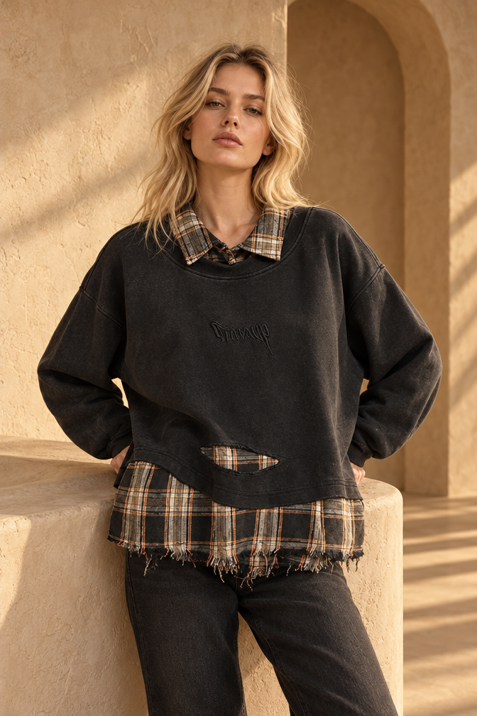 Davina Ripped Patchwork Sweater — Black