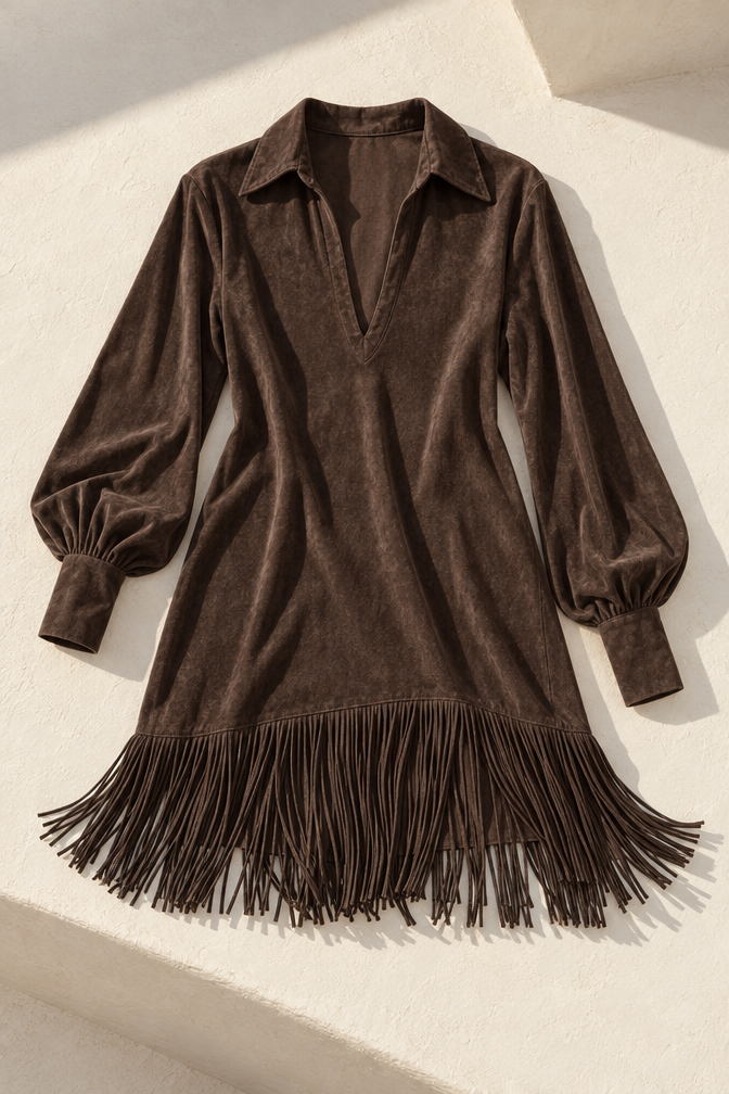 Esme Tassel Mini Dress — Coffee
