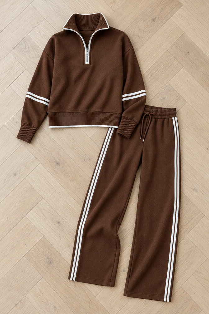 Women's Wide-Leg Pants and Fluid Blouse Two-Piece Set — Brown