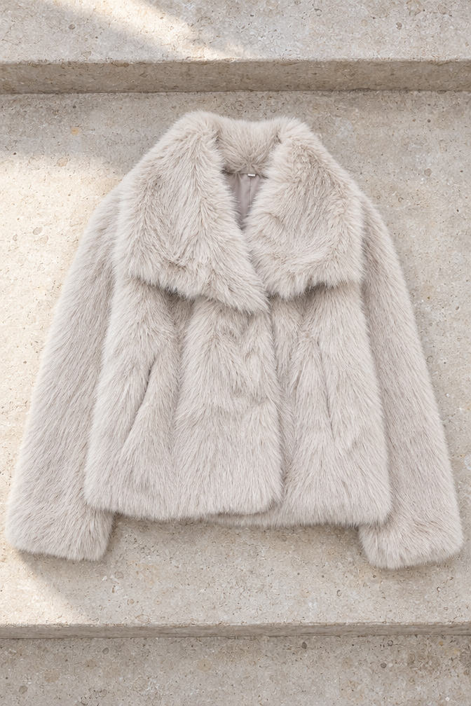 Georgina Cropped Faux Fur Jacket — Beige