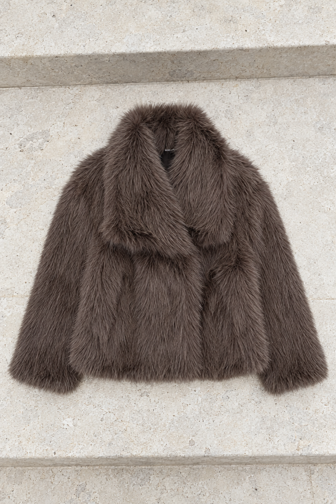Georgina Cropped Faux Fur Jacket — Brown
