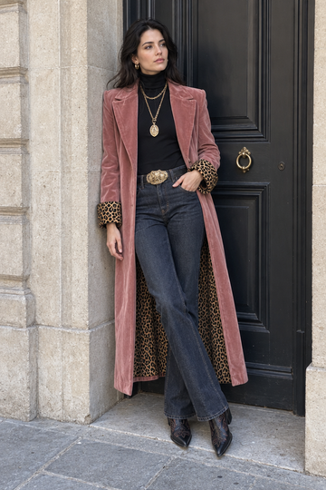 Ines Velvet Leopard Coat — Pink