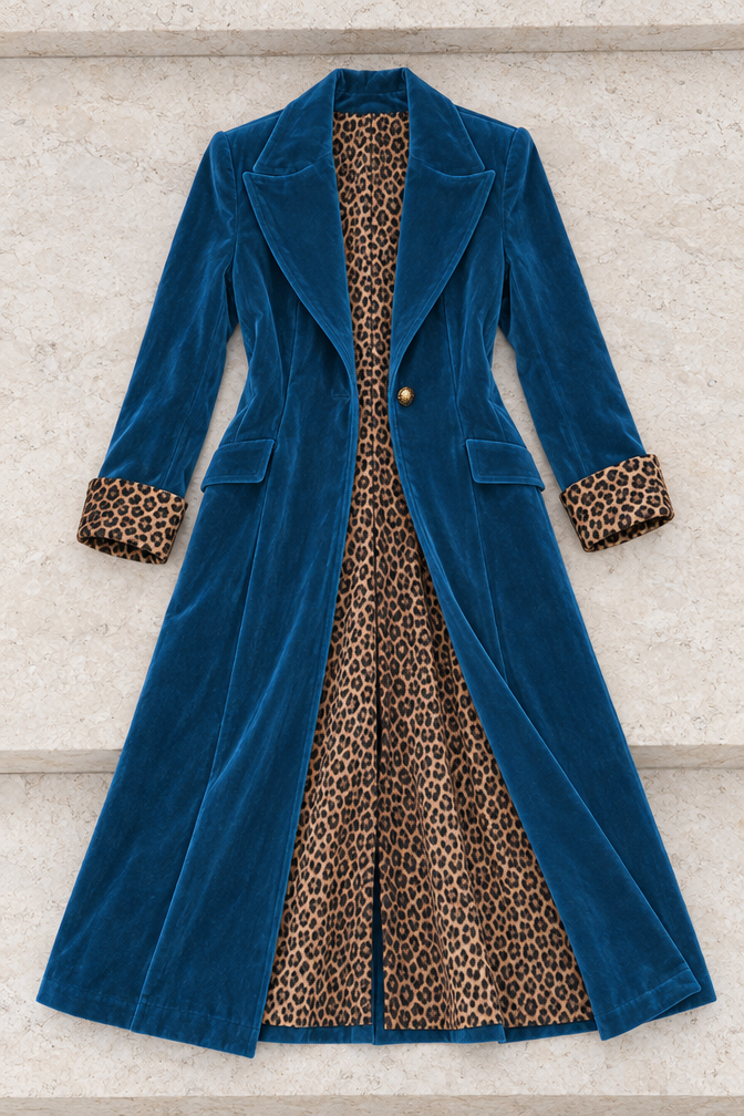 Ines Velvet Leopard Coat — Blue