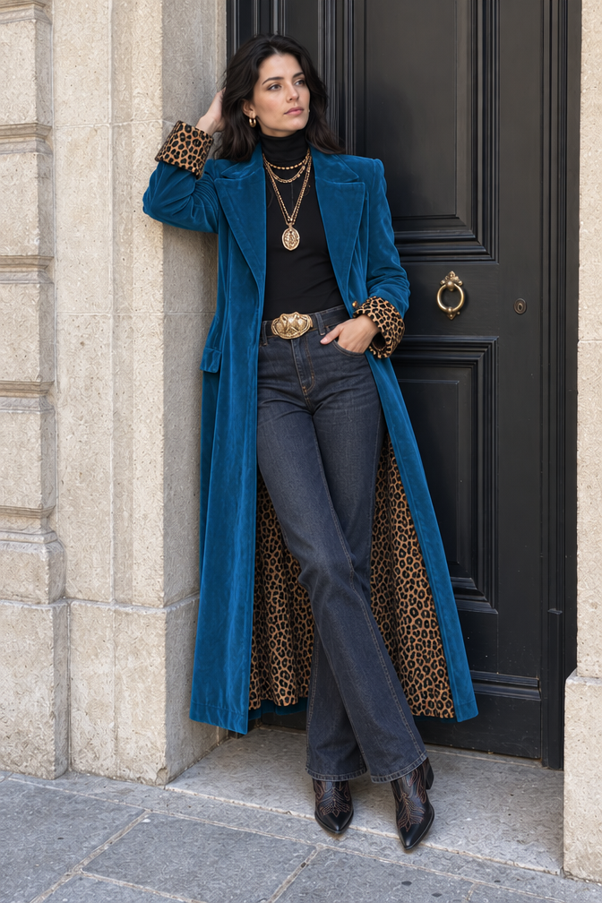 Ines Velvet Leopard Coat — Blue