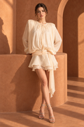 Lace Long Sleeve Mini Dress with Ruched Waistband