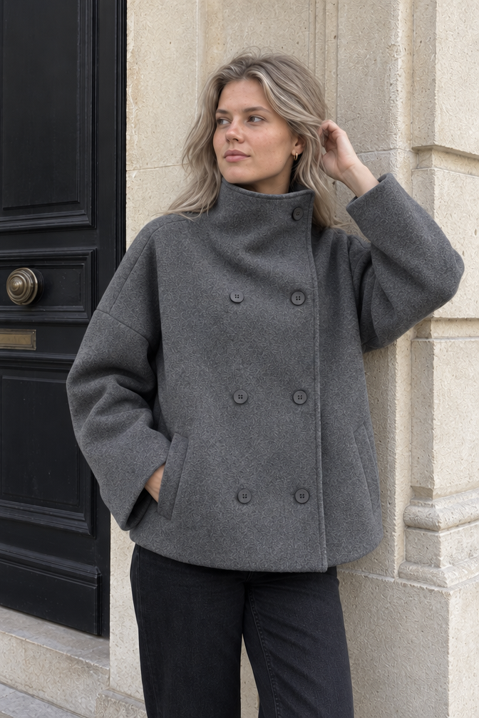 Alessandra Cropped Stand-Collar Jacket — Gray