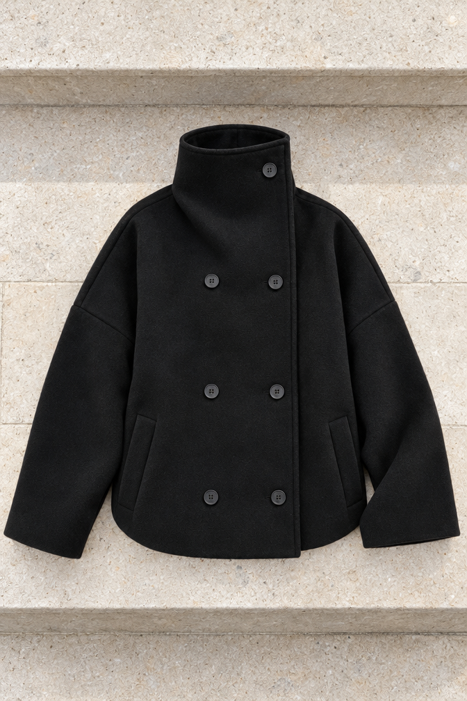 Alessandra Cropped Stand-Collar Jacket — Black