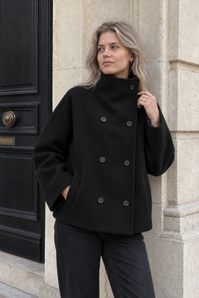Alessandra Cropped Stand-Collar Jacket — Black