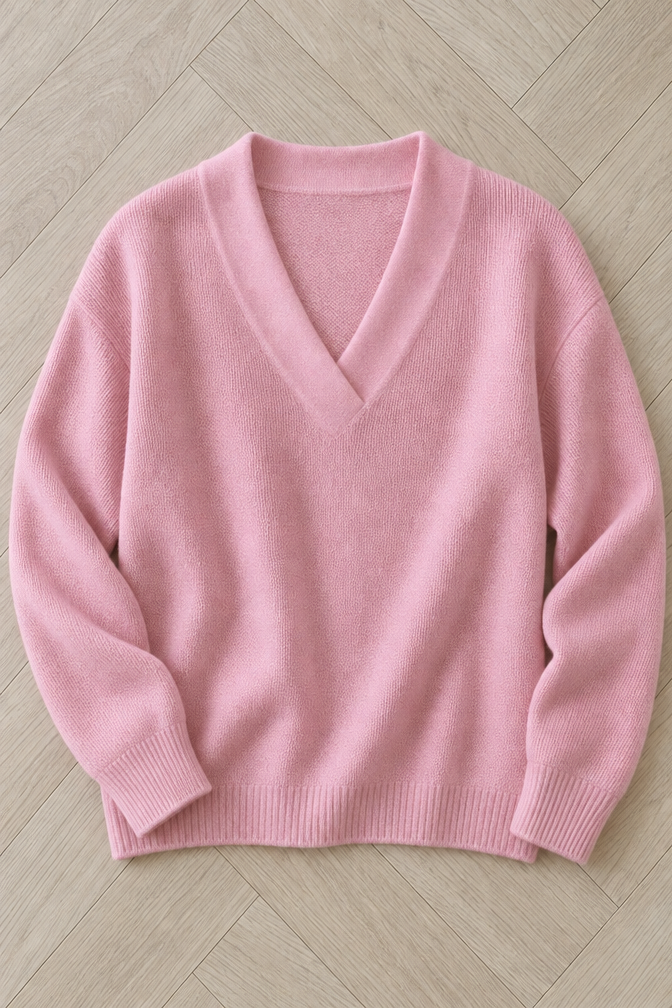 Ribbed Knit V-Neck Sweater — Pink