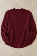 Ribbed Knit V-Neck Sweater — Red