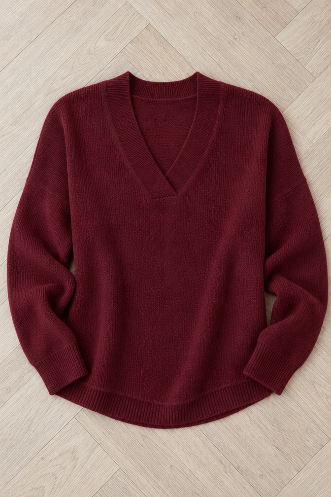 Ribbed Knit V-Neck Sweater — Red
