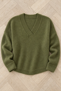 Ribbed Knit V-Neck Sweater — Green