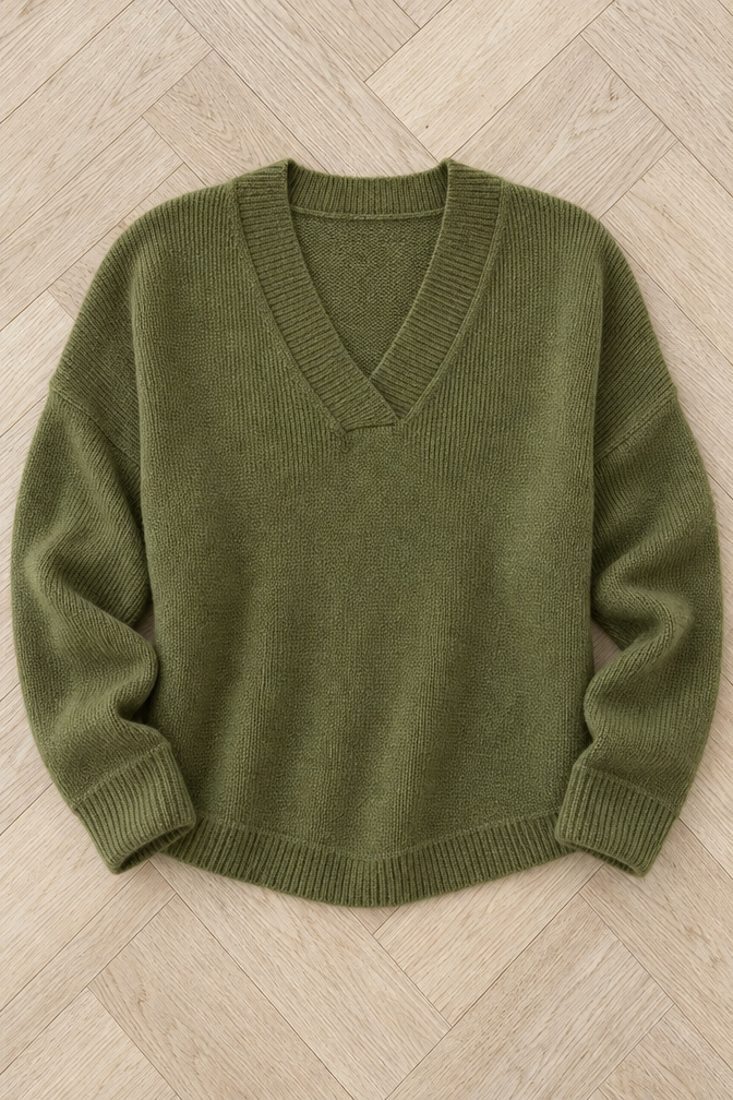 Ribbed Knit V-Neck Sweater — Green