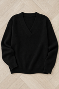 Ribbed Knit V-Neck Sweater — Black