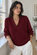 Ribbed Knit V-Neck Sweater — Red