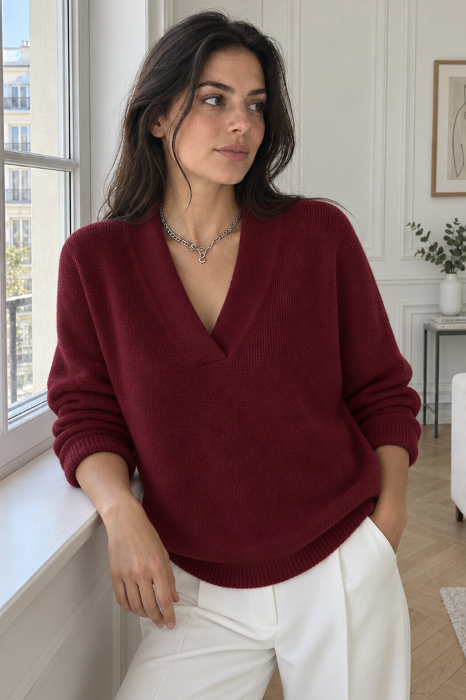 Ribbed Knit V-Neck Sweater — Red