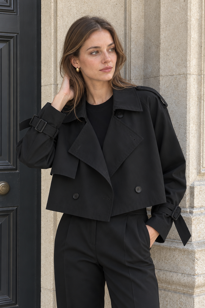 Eugenie Cropped Trench Coat — Black